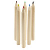 A set of six coloured pencils in red, yellow, green, blue, black, and unpainted wood. The pencils have pointed tips.