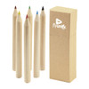 A coloured pencil set featuring six pencils in red, green, blue, black, and yellow, packaged in a cardboard box with a logo.
