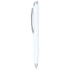 A white ballpoint pen with a silver clip, featuring a smooth click-action mechanism and a minimalist design.