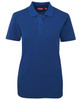 A short-sleeve polo shirt in a deep blue colour with a collar and three-button placket, featuring a small logo.