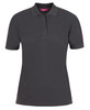 A dark grey ladies' polo shirt featuring a collar, short sleeves, and a logo.