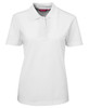 A white women's polo shirt with a collar and short sleeves, featuring a logo.