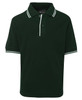 A green polo shirt featuring contrasting white stripes on the collar and sleeves, with a brand logo.