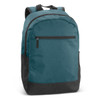 A teal and black backpack featuring a front zip pocket and two shoulder straps. It has a simple, clean design.