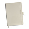 A cream-coloured notebook with a textured cover and elastic closure. It has a logo on the front.
