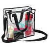 A clear satchel bag with black handles, containing a drink bottle, a phone, sunscreen, and a towel.