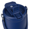 A drink bottle with a navy blue exterior, featuring a secure lid and a handle for easy carrying.