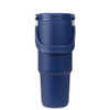 A drink bottle in navy blue with a handle and a secure lid, featuring a sleek design and branding.