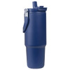A drink bottle in navy blue with a flip-top lid and a sturdy handle. It features a logo on the side.