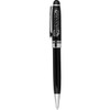 A black pen with a silver clip and accents, featuring a logo on the barrel.