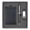 A black gift set including a power bank, USB drive, and a pen, neatly displayed in a black box.