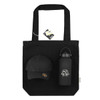 A black tote bag with a black cap and a black drink bottle, featuring a logo on the cap.