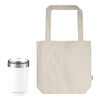 A white drink bottle and a natural-coloured tote bag, both featuring a logo.