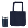 A dark navy tote bag next to a stainless steel drink container with a lid. Both items feature a logo.