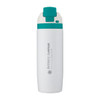 A drink bottle in white with a teal lid and a logo on the side.