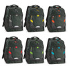 A collection of six green Summit Backpacks with various coloured accents in yellow, orange, red, and blue.