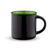 A drink mug featuring a glossy black exterior and a vibrant green interior, with a curved handle and a smooth finish.