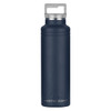 A drink bottle in navy blue with a silver lid and a branded logo on the front.