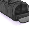 A grey duffle bag with multiple compartments and an interior pocket, featuring a zippered opening and a logo.