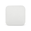 A square charging pad in white, featuring rounded edges and a smooth surface. It has a branding logo on the side.