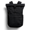 A black rolltop backpack featuring adjustable straps and multiple pockets, including a front zippered pocket.