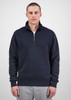 A black men's 1/4 zip sweatshirt with a high collar and a front zipper, featuring a logo.