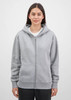 A grey women's zip hoodie with a front zipper and hood, featuring a subtle logo.