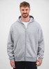 A grey zip-up hoodie with a front pocket and a hood, worn by a male model.