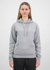 A grey women's hoodie featuring a front pocket and a drawstring hood, displayed on a model.
