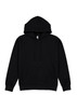 A black women's hoodie with a large front pocket, drawstrings, and a hood. The hoodie features a logo.