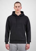 A men's everyday hoodie in black, featuring a front pocket and drawstring hood, modelled by a man.