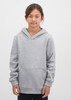 A grey hoodie with a front pocket and a hood, worn by a young girl on a plain background.