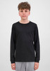 A youth long sleeve tee in black, featuring a simple design and long sleeves. The model stands against a plain background.