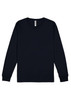 A long sleeve tee in navy blue with a round neckline and cuffs, featuring a logo at the neck.