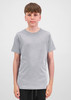 A youth short sleeve tee in grey, displayed on a young model standing straight, with a plain background.