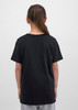 A black short sleeve youth T-shirt displayed from the back, featuring a logo.