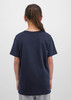 A navy short sleeve tee shirt for youth, viewed from the back, featuring a simple design with a logo.