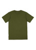 A plain olive green men's short sleeve t-shirt, featuring a simple design and a logo on the back.
