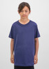 A short sleeve tee in navy blue, featuring a relaxed fit and a round neckline, displayed on a model.