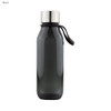 A drink bottle in black Tritan material with a silver metal lid and a black strap for easy carrying.