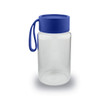 A drink bottle with a clear body and a blue lid, featuring a handle for easy carrying.
