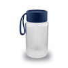 A drink bottle in clear glass with a navy blue lid and handle. It has a smooth, minimalist design.