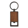 A drink bottle opener keyring featuring a square wooden design and a black metal keyring.