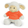 A fluffy white lamb plush toy wearing an orange shirt, featuring soft ears and a friendly expression.