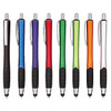 A collection of eight stylus pens in various colours: black, blue, purple, red, green, orange, and silver, with textured grips.