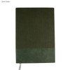 Dark green A5 notebook with ribbed texture and a smooth bottom section; includes a ribbon marker and branding.