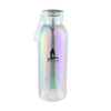 A drink bottle with an iridescent finish, featuring a secure screw lid and a logo on the front.