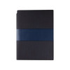 A navy blue notebook with a textured cover and a smooth blue band. It features a logo on the front.