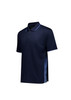A navy blue men's short sleeve polo shirt with a patterned side panel and a collar. It features a logo.