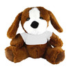 A brown plush dog with floppy ears and a white patch on its chest, wearing a plain white shirt.